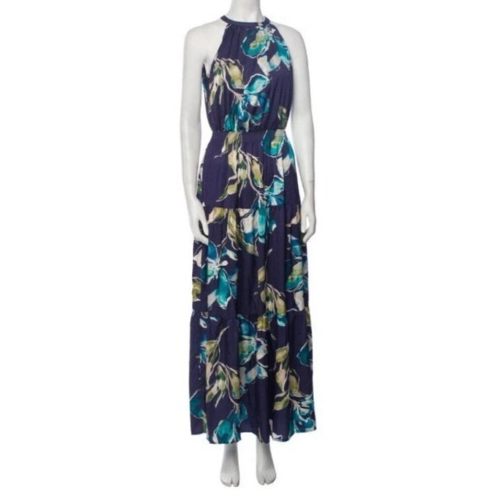 Nicole Miller NEW YORK Women's SMALL Satin Maxi Dress Smocked Tiered Floral‎